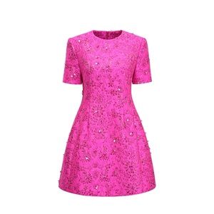 Pink Dress M Celestia Floral Appliqué Embellished Mini Astrid Jaquard Women’s